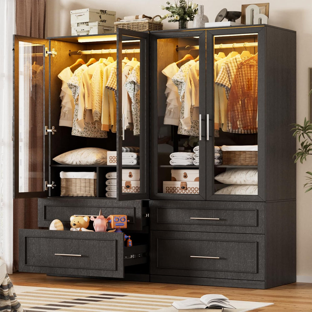 PAKASEPT Armoire Wardrobe Closet with Glass Door and Drawers, Bedroom Closet ...