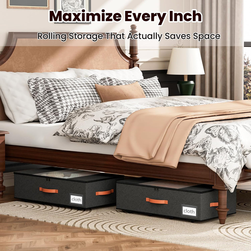 TOSKING 2-Pack Under Bed Storage Drawers with Wheels, 6 Vacuum Bags, 7.9" Height, Large 65L/80 lbs Clear Lid Rolling Bin, 900D Oxford, Space Saver for Dorm Bedroom, Blankets, Clothes, Shoes, Black