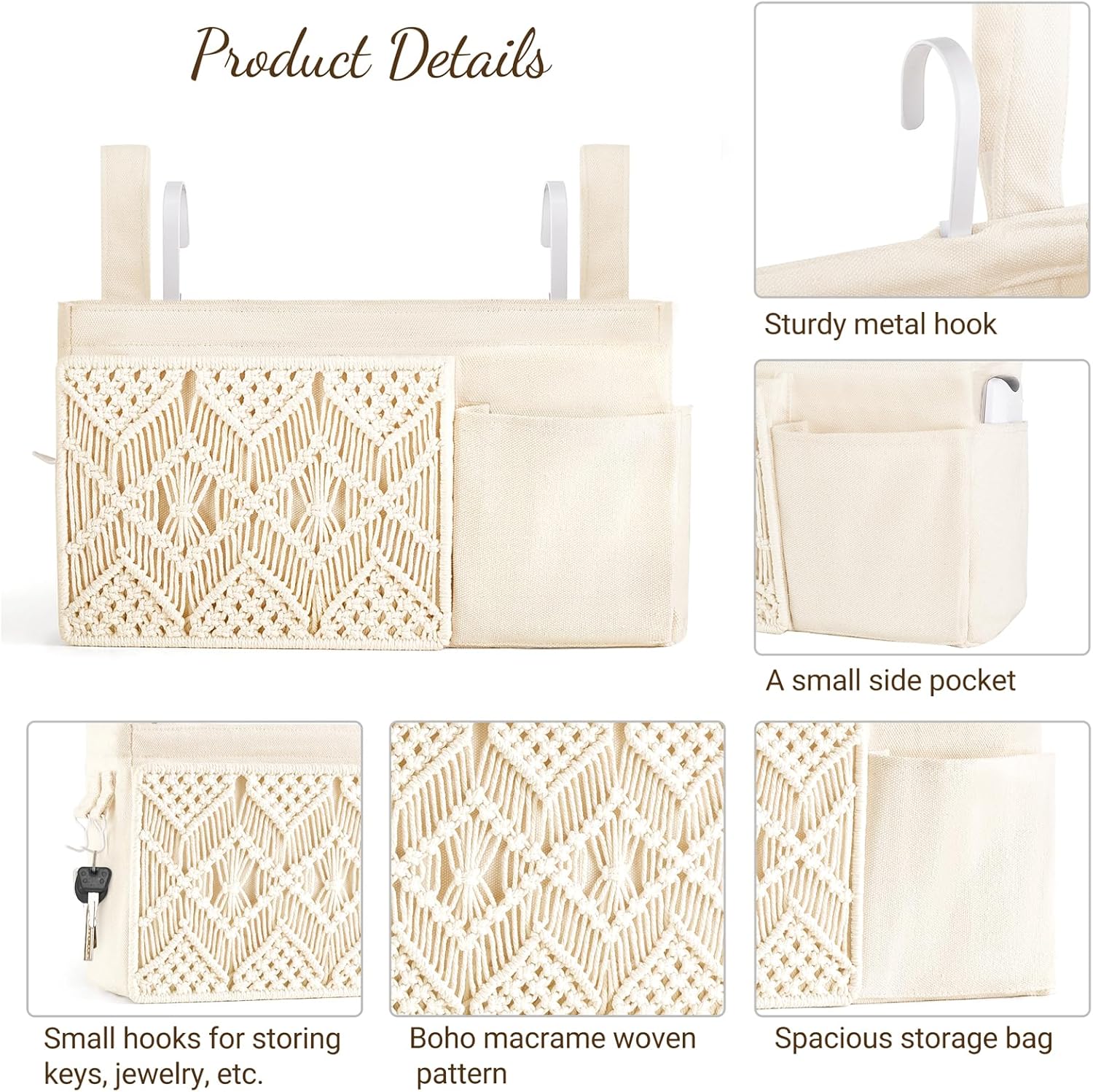 Mkono Bedside Caddy Hanging Organizer, Boho Macrame Storage with Fixed Straps and Hooks, 4 Pockets Holder Remote Magazine Accessories for Home Loft Bunk Bed, Dorm, Hospital Beds
