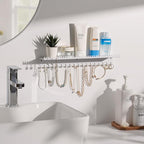 Necklace Holder Wall Hanging Organizer: Wall Mounted Jewelry Shelf with 56 Hooks and Tray, Display Hanger for Kids, Girls and Women, White & Metal