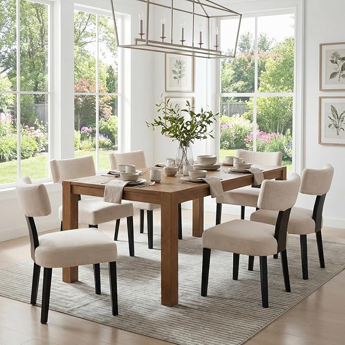 Upholstered Dining Chairs Set of 6 Modern Wooden Kitchen Chairs Fabric Side Dining Room Chair Farmhouse Dinner Chair, Beige