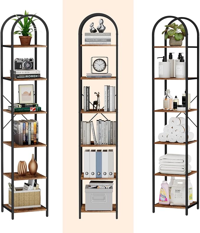 Homhedy 6-Tier Narrow Bookshelf Arched Display Racks, Wood and Metal Bookcase, Tall Bookshelf, Industrial Display Standing Shelf Unit, for Home Office, Living Room, Bedroom, Bathroom