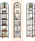 Homhedy 6-Tier Narrow Bookshelf Arched Display Racks, Wood and Metal Bookcase, Tall Bookshelf, Industrial Display Standing Shelf Unit, for Home Office, Living Room, Bedroom, Bathroom