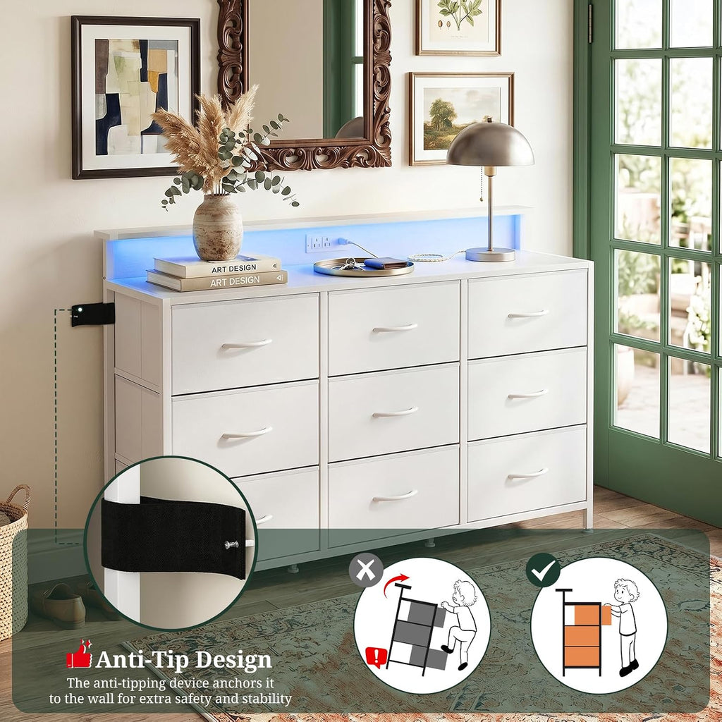 TV Stand with LED Lights & Charging Station, 9 Fabric Drawers Dresser | Entertainment Center for TV up to 55 inch Wooden Media Console Table Storage Organizer for Living Room, Bedroom, White