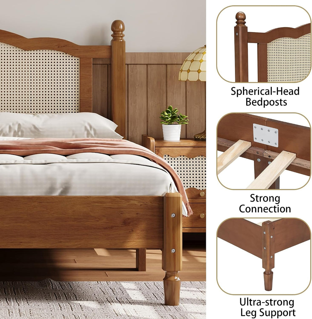Full Size Wood Bed Frame with Rattan Headboard, Solid Wood Platform Bed Frame...