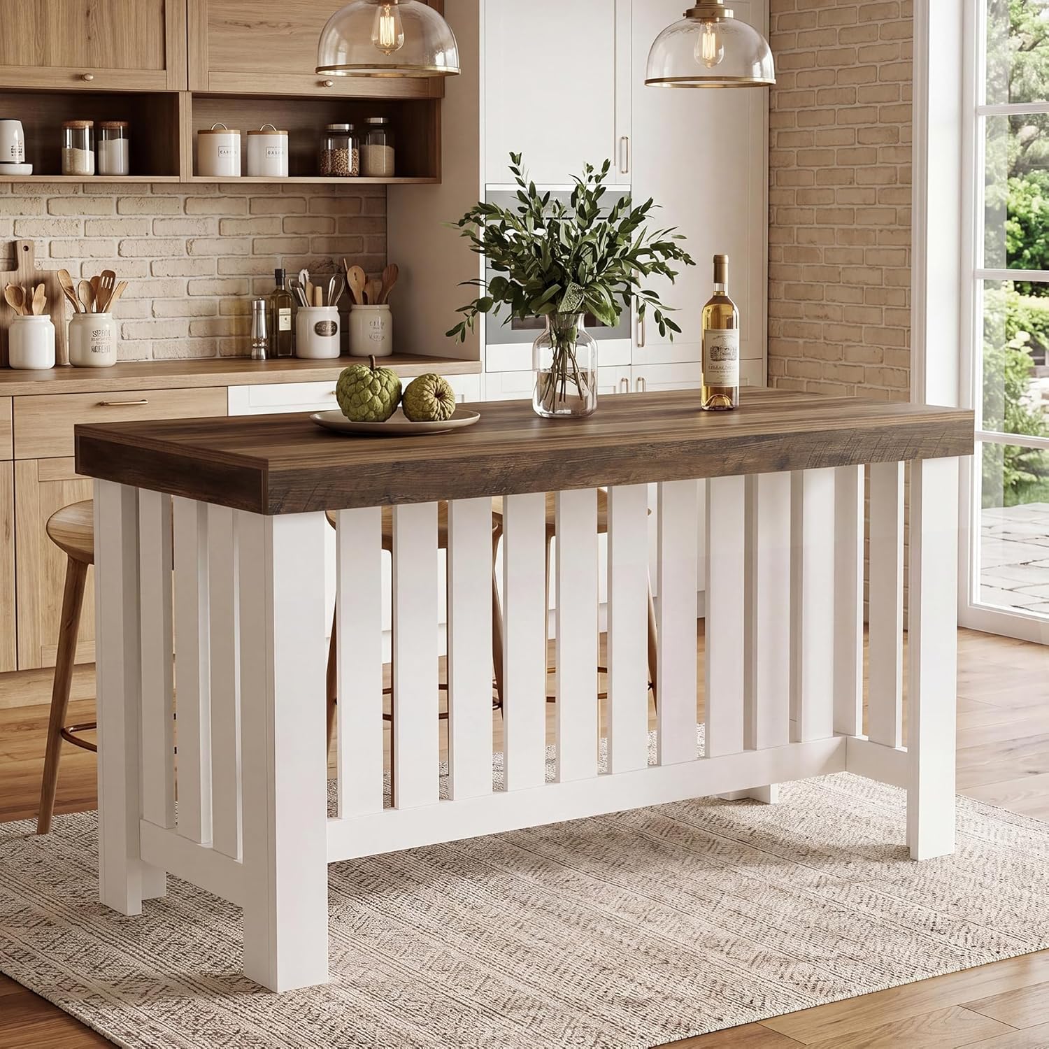 Tribesigns 55" Kitchen Island, Farmhouse Large Stationary Wood Table with Sturdy Base, Freestanding with Large Worktop & Leg Room for Kitchen, Dining Room (White and Brown)