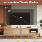Ball & Cast 76" Boho TV Stand for TVs up to 85", Media Console with Real Rattan Doors, Open Shelf, 3 Drawers & 2 Cabinets, Natural Wood Grain Entertainment Center w/Solid Wood Legs for Living Room