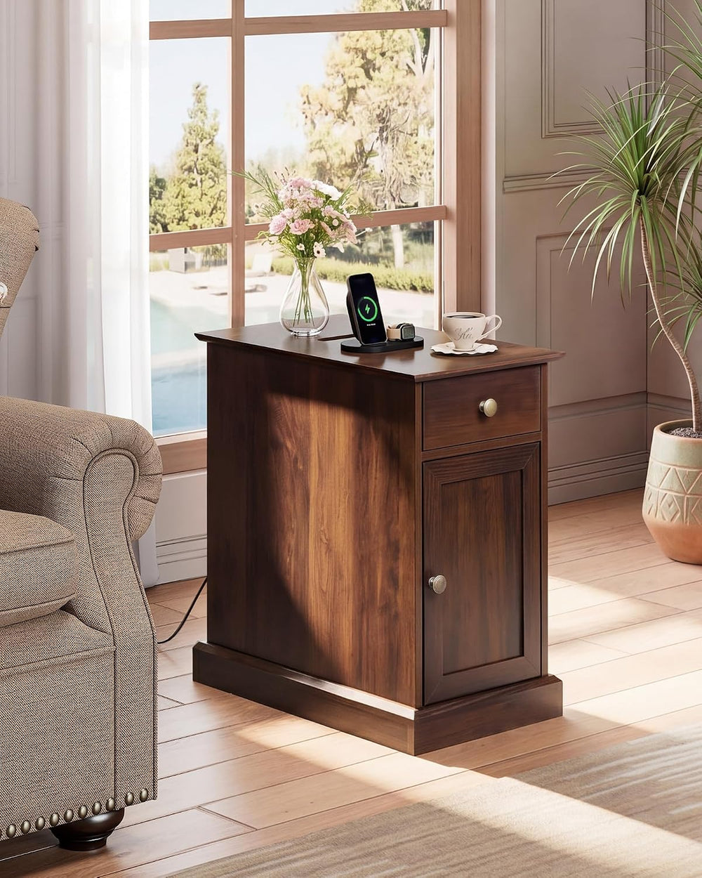 WLIVE End Table with Charging Station, Narrow Sied Table with Drawer & Ca...