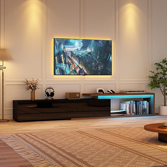Extendable TV Stand with LED Light, Modern Entertainment Center for up to 120 Inch TV, Wood TV Media Console with 2 Drawers & 2 Cabinets for Living Room Bedroom, 75"-110", High Gloss Black & Walnut