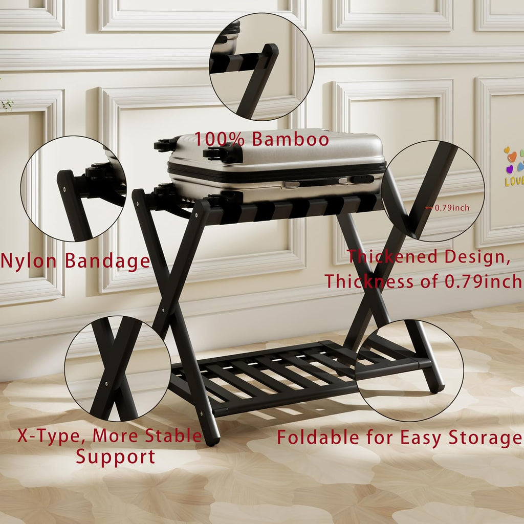 Luggage Rack, Foldable Suitcase Stand with Storage Shelf and 5 Heavy-Duty Straps, Bamboo Luggage Holders for Guest Room, Bedroom and Hotel - Black