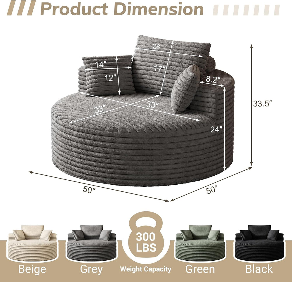 Oversized Round Chaise Lounge, 50" Corduroy Chair, Grey | Deep Seat Sing...