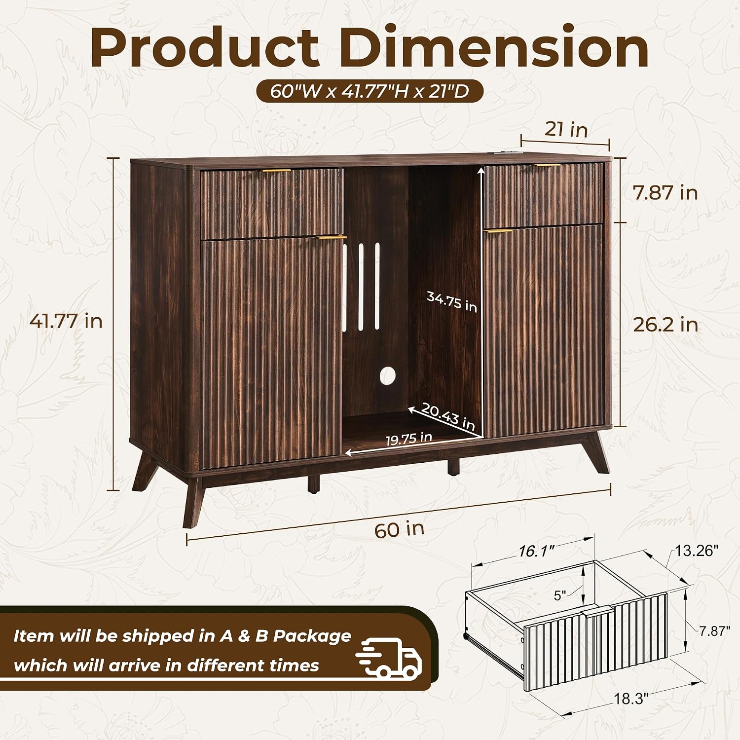 OKD 60" Fluted Coffee Bar Cabinet with Mini Fridge Space, Dark Walnut | Mini Fridge Compatible, Built In Charging Station, 3 Stemware Racks, 2 Drawers, 2 Cabinets, Home Bar Cabinet Storage