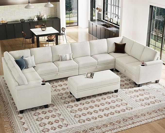 Belffin Oversized U Shaped Modular Sectional Couch for Living Room 10 Seater Modular Sofa Set with Storage Ottoman Large Sectional Couch with Cup Holder White