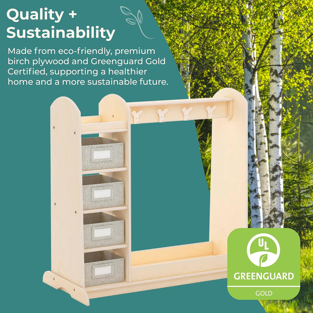 Guidecraft EdQ Dress-up Storage with Bins Natural: Kids Dress Up Rack with Mirror, Shoe Storage Shelf, and Cubbies for Costume and Pretend Play | Toddler Closet, Montessori Wood Bedroom Furniture