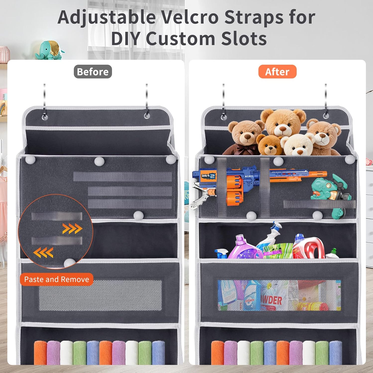 Over the Door Organizer, Large Capacity 5 Shelfs Hanging Door Organizer with Pockets and DIY Slots for Toys, Shoes, Diapers, Clothes, Behind Door Storage for Closet Wall Bedroom Nursery Pantry, Gray