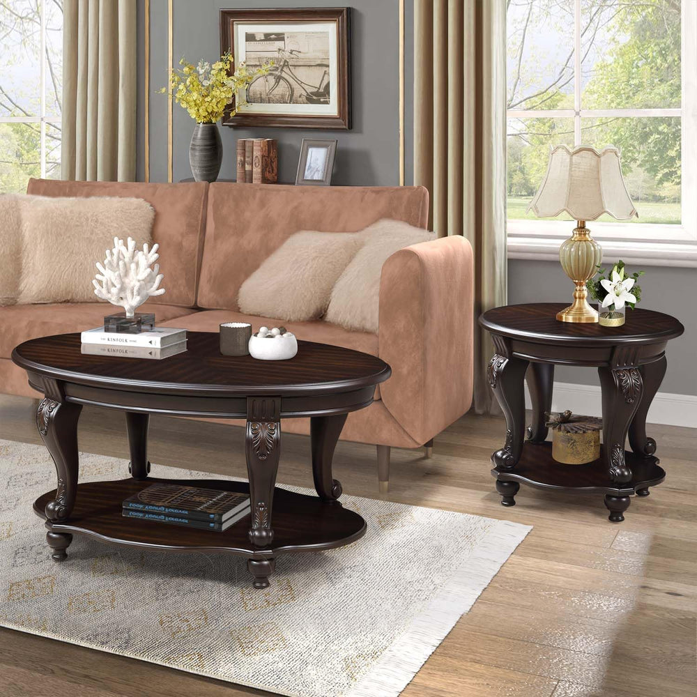 Round End Table for Living Room, Solid Wood Sofa Side Table with Shelf, Retro...