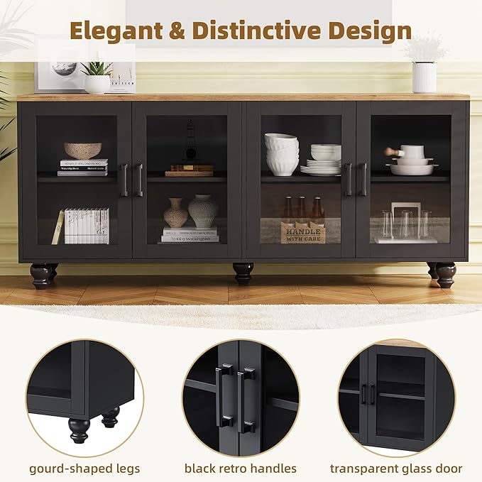 Farmhouse TV Stand with Tempered Glass Doors for TVs up to 70'', Entertainment Center with Adjustable Shelves, Buffet Cabinet with 5 Solid Wood Gourd-Shaped Legs for Living Room, Black