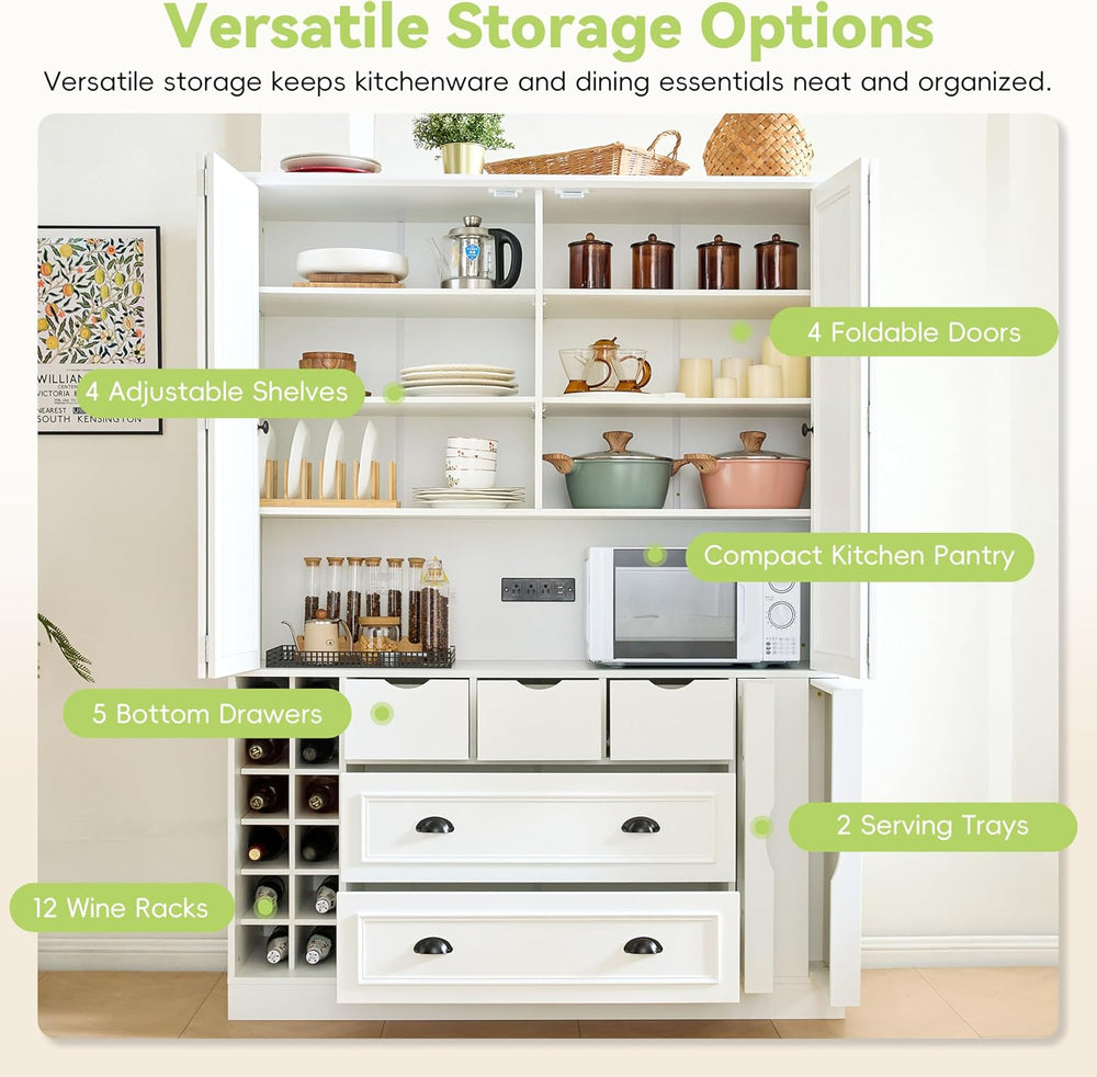 Farmhouse Kitchen Pantry, Sideboard with Power Outlet, Shelves, White | Spaci...