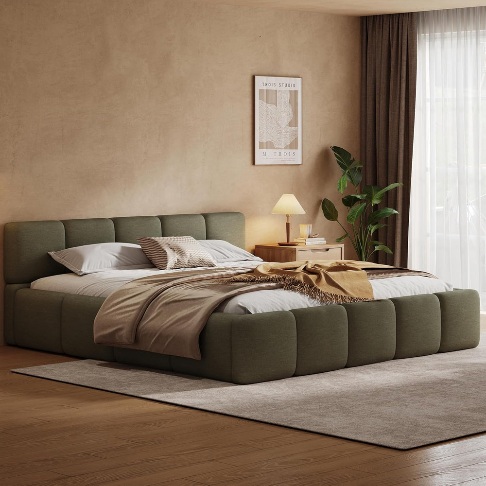 Merax King Boucle Platform Bed with Thick Headboard and Footboard, Green