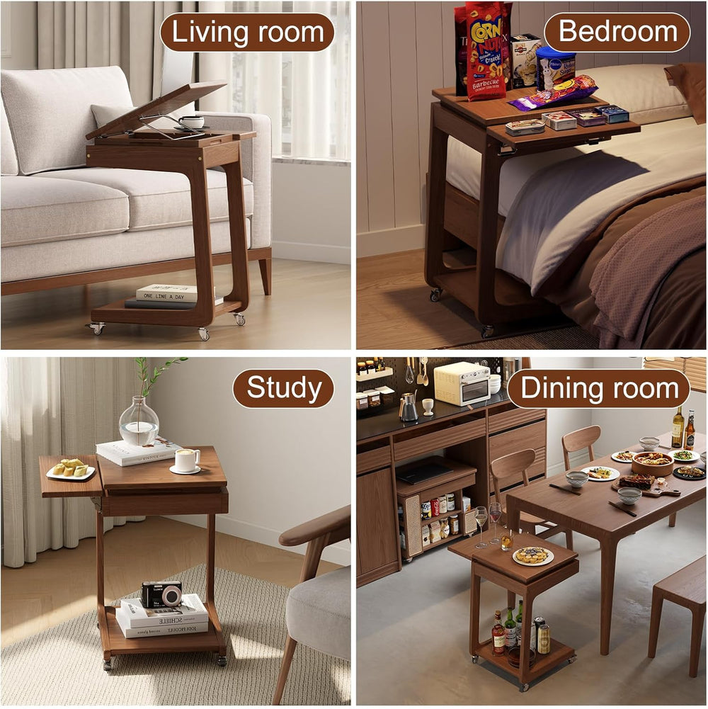 Solid Wood C Shaped End Table for Couch,Walnut C Table with Wheels,Rolling Si...