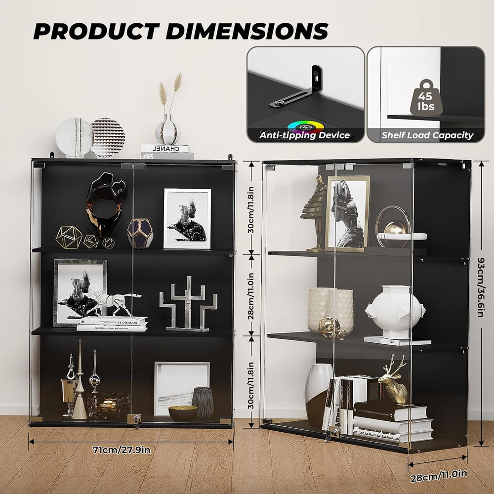 VersionTECH. Glass Display Cabinet with RGB LED Lights, Full-View Display, 3-...