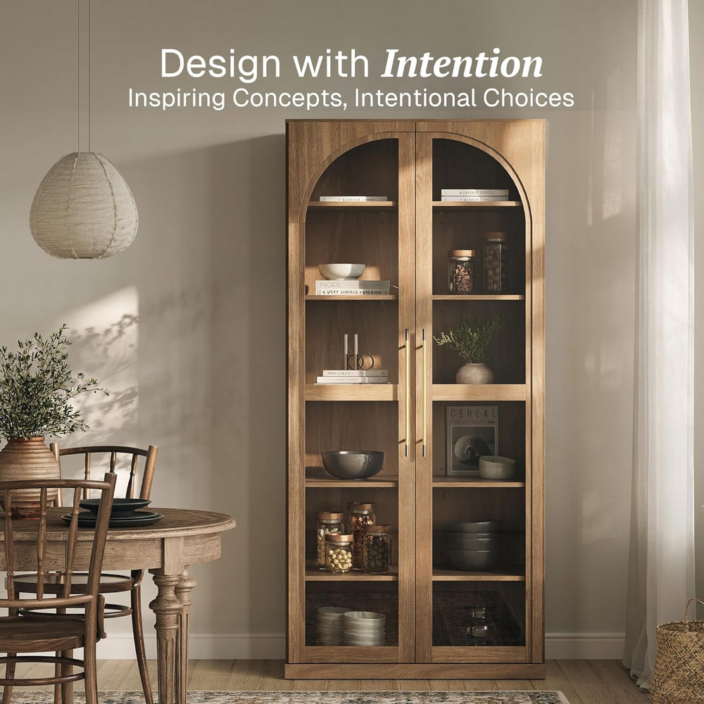 BELLEZE 67" Tall Glass Display Cabinet, Modern Wood Curio Cabinet Bookca...