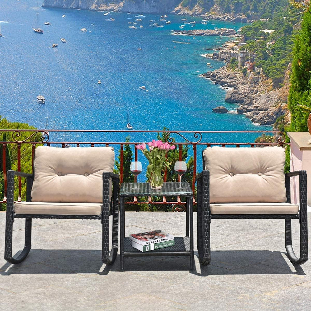 HAPPYGRILL 3-Piece Rocking Bistro Set Outdoor Patio Rocking Chairs with Coffe...