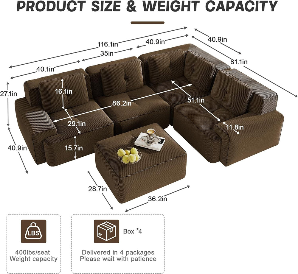 Oversized Modular Sectional Sofa, Modern V Shaped Corner Couch with Ottoman, ...