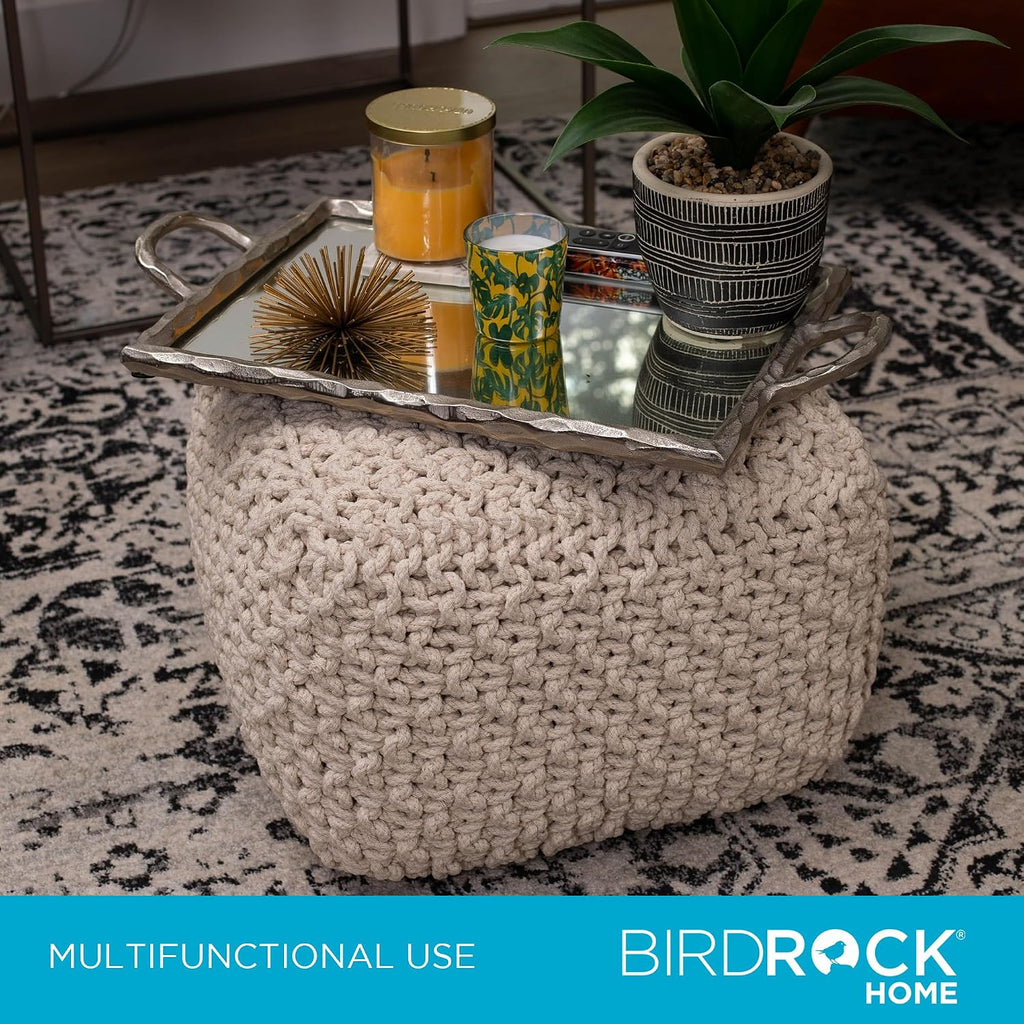 BIRDROCK HOME Square Pouf Ottoman - Cotton Braided Foot Stool with Bean Bag Filling - Compact and Comfortable Seating, Lightweight and Sturdy Boho Foot Rest for Living Room or Bedroom (Natural)