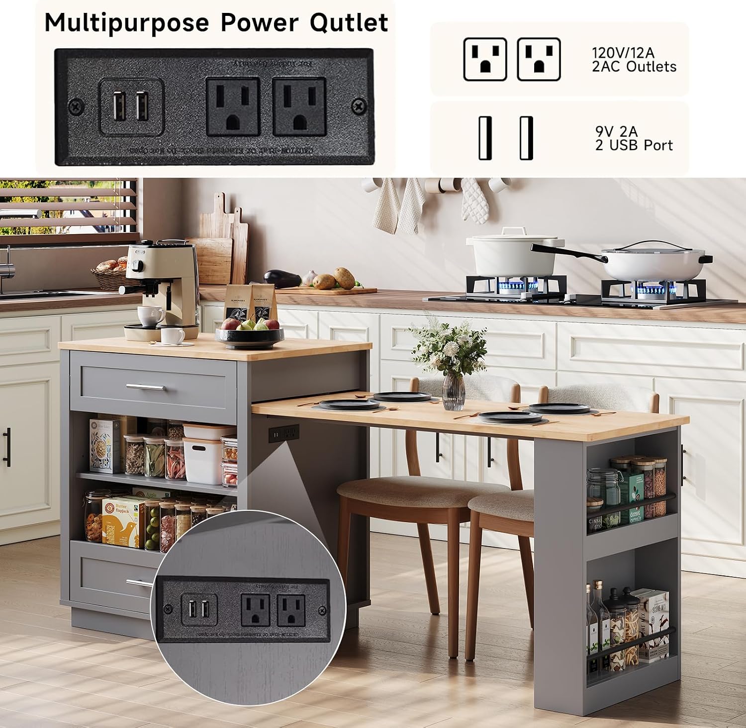 ONBRILL 76" Kitchen Islands with Extendable Dining Table, 2-4 Island Table with Double-Side Storage, Mobile Storage Islands Cart with Power Outlet & Spice Rack, Grey