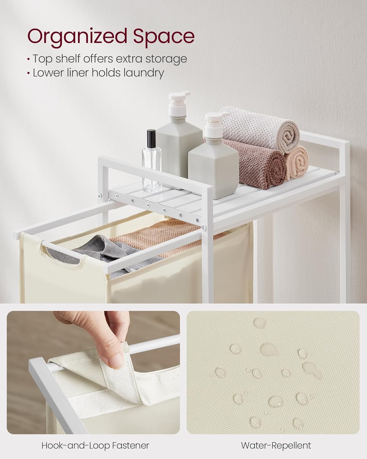 VASAGLE Laundry Hamper, Laundry Basket, Laundry Sorter with a Pull-Out and Removable Bag, Shelf, Metal Frame, 12.4 Gallons (47 L), 16.5 x 11 x 29.5 Inches, Cream White and Cloud White UBLH001W01