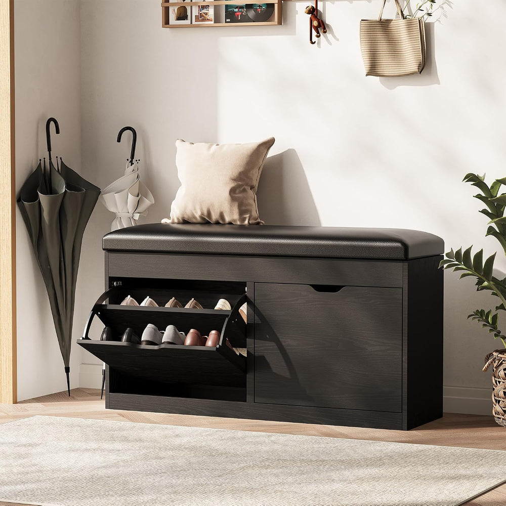 40" Shoe Storage Bench with Flip Drawers Padded Seat Cushion, Shoe Cabin...