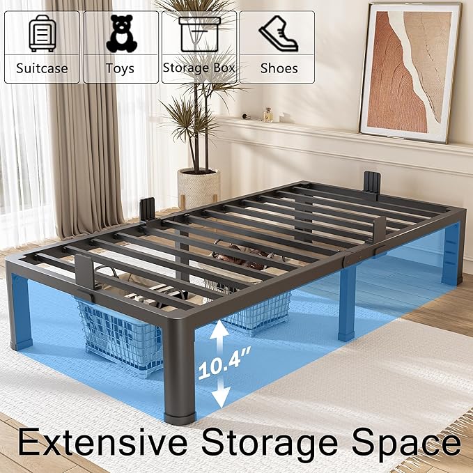 FUIOBYVV 12 Inch Twin XL Bed Frame with Rounded Corner and Headboard Hole Mattress Retainers 3500 LBS Metal Heavy Duty Steel Slats Support No Box Spring Needed Platform Noise Free Easy Assembly