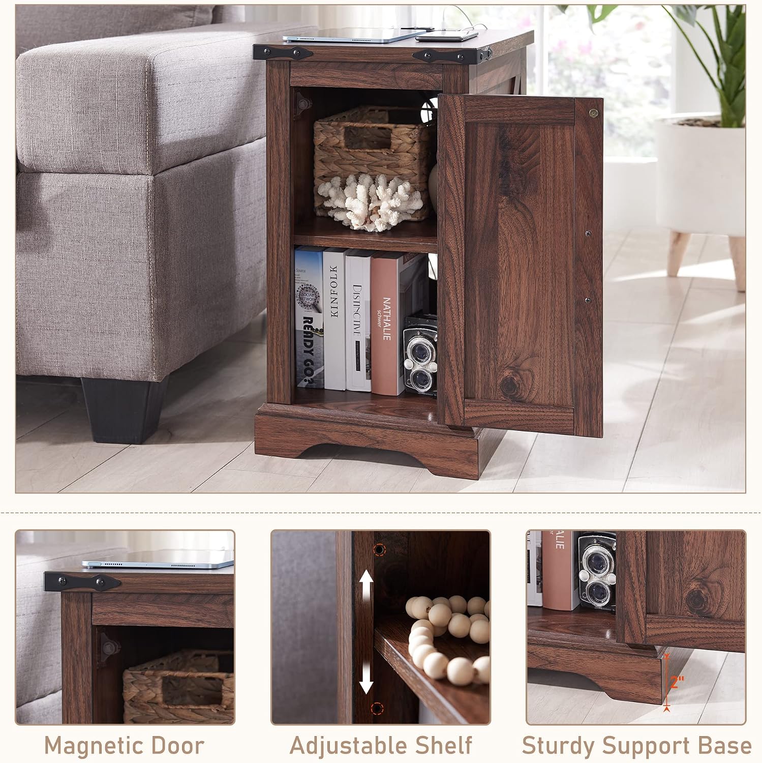 JXQTLINGMU Farmhouse 17" Nightstand Set of 2, Brown | Rectangular/ Rustic End Table with Barn Door /Adjustable Shelf/ Wood Sofa Side Table/ for Living Room, Bedroom