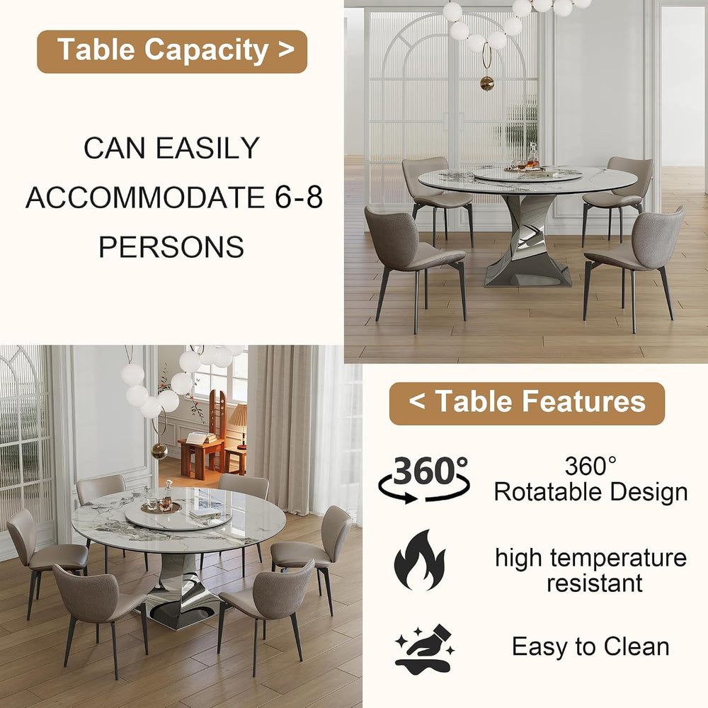 59" Round Sintered Stone Dining Table, Faux Marble Kitchen Table with La...