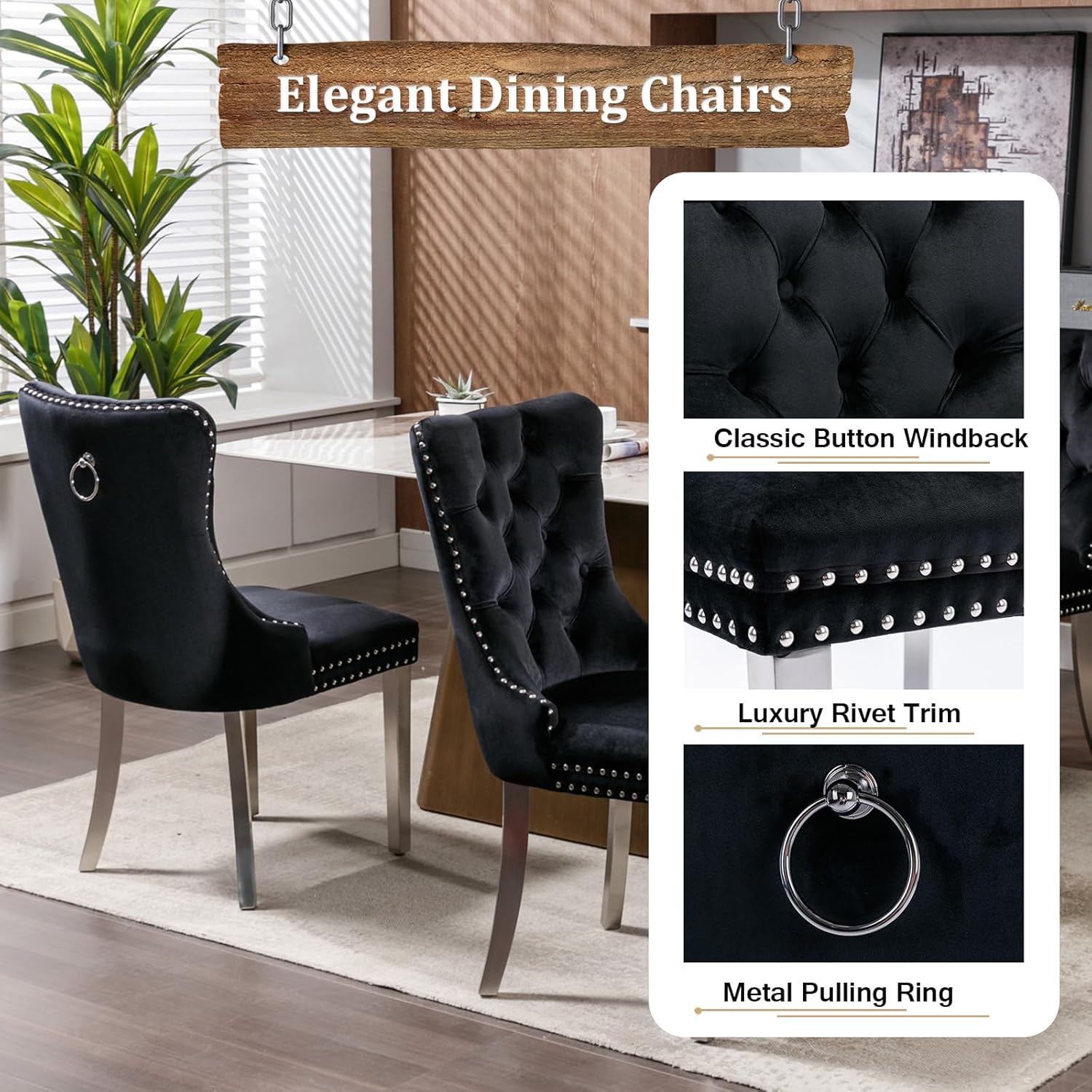 47.2" Round Dining Table Set for 4, White Faux Marble Kitchen Table & 4 Black Velvet Chairs with Silver Stainless Steel Legs, Luxury 5 Piece Round Dining Room Table Set for Kitchen Dining
