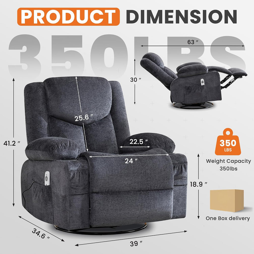Swivel Recliner Chair for Adults,Oversized Rocker Recliner with Massage and Lumbar Heat,Rocking Chair with Side Pocket,2 Cup Holders,for Living Room