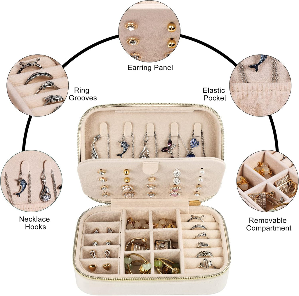 Dajasan Velvet Travel Jewelry Boxes, Small Travel Jewelry Case, Portable Travel Jewelry Organizer Box for Birthday Mother's Day Valentine's Day (Beige)