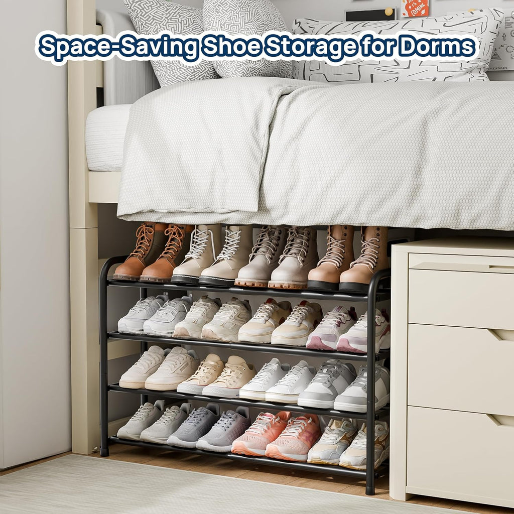 ENJOYBASICS 4 Tier Expandable Shoe Rack for Closet, Free Standing Metal Shoe Shelf Storage Organizer Holder 16 Pairs, Adjustable Width Shoe Rack for Entryway Small Space, Black