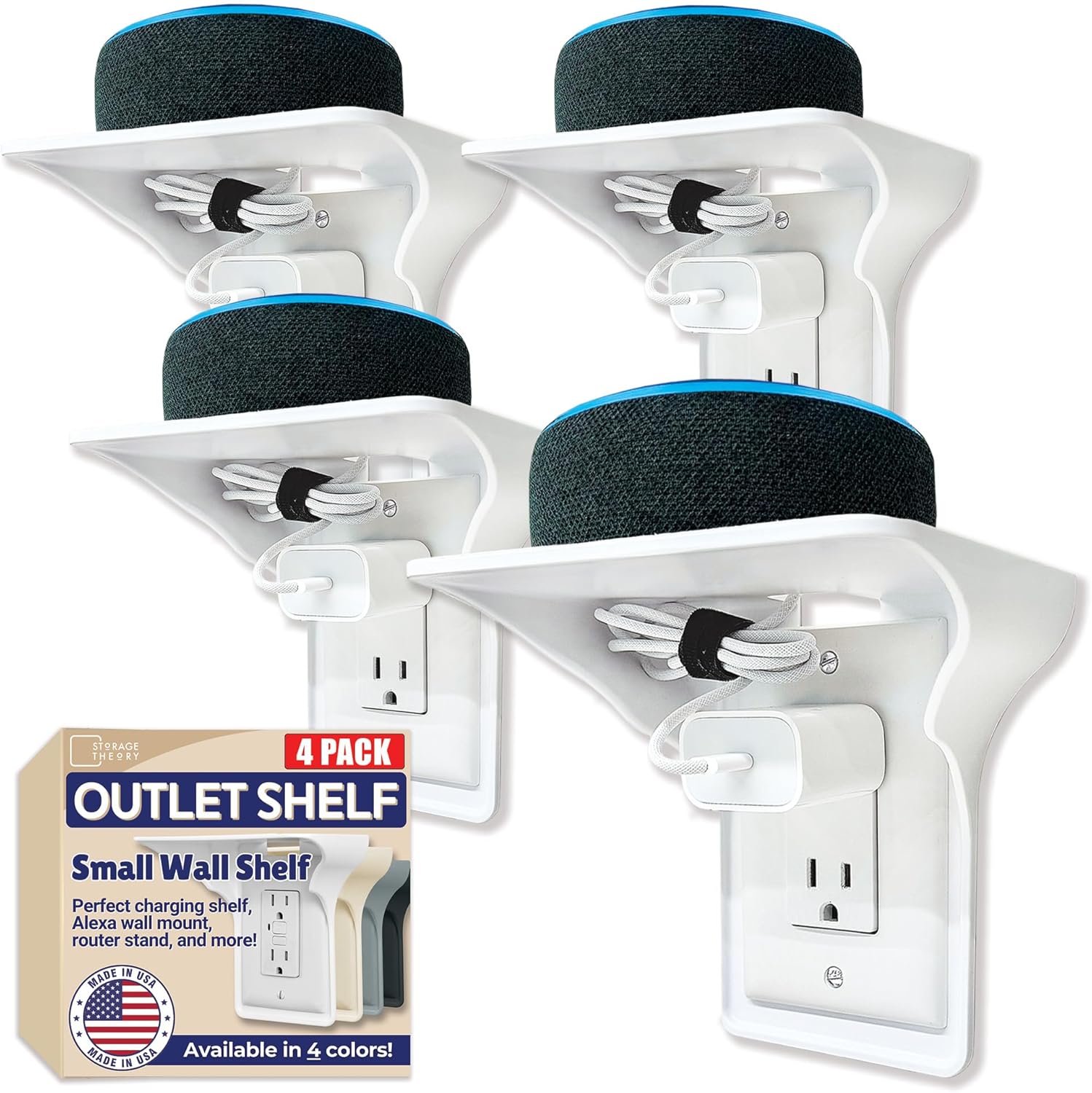 BeraTek Power Perch Wall Outlet Shelf with Cord Storage Strap - Declutter & Reclaim Bathroom Counter Space - Echo Dot Stand, Homepod Mini Wall Mount, Smart Home Devices Organizer - White, 4-Pack