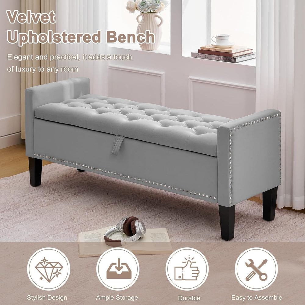 Storage Ottoman Bench, Velvet Upholstered Footstool for Bedroom and Living Ro...