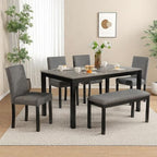 Dining Table Set for 5, 6-Piece Kitchen Table & Chairs Set with Rectangular Table, Bench & 4 Upholstered Chairs, 39'' Dinner Set with Wood Legs & Curved Backrest for Kitchen, Light Black