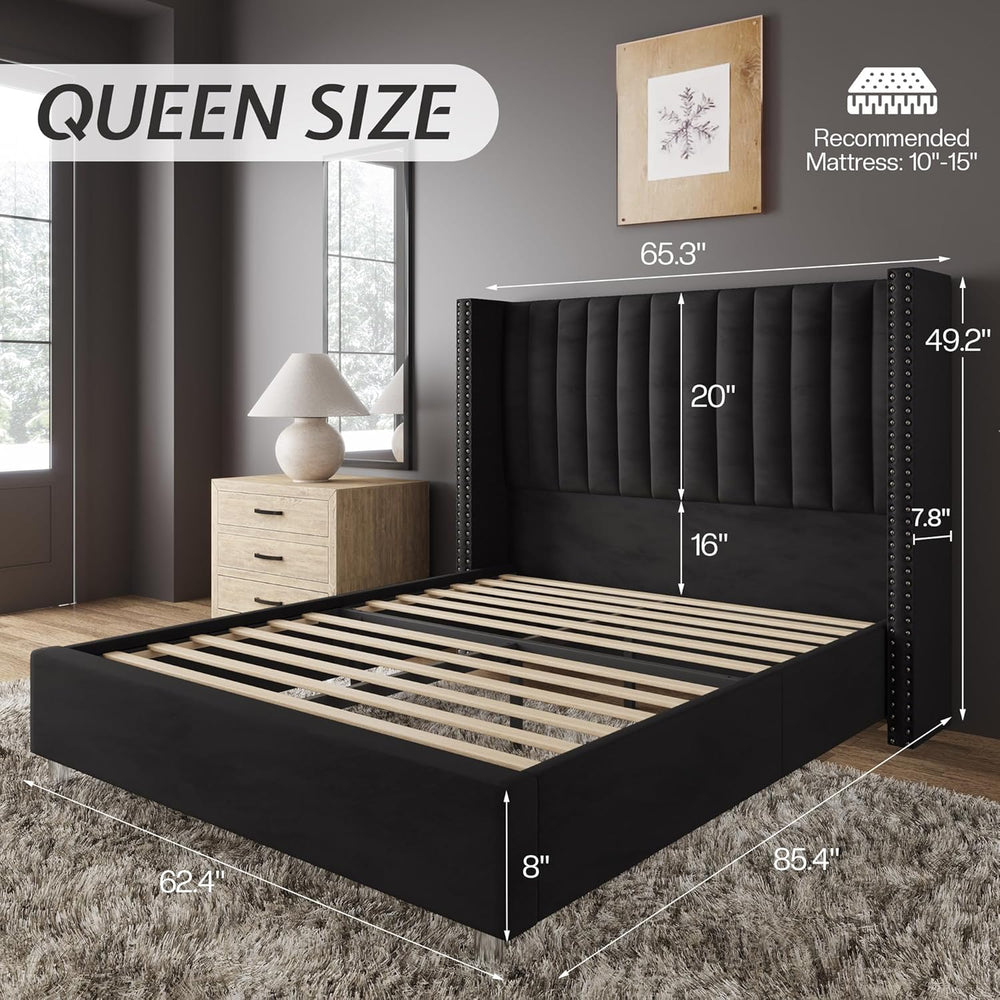 Jocisland Queen Size Bed Frame Velvet Upholstered Wingback Headboard, Black