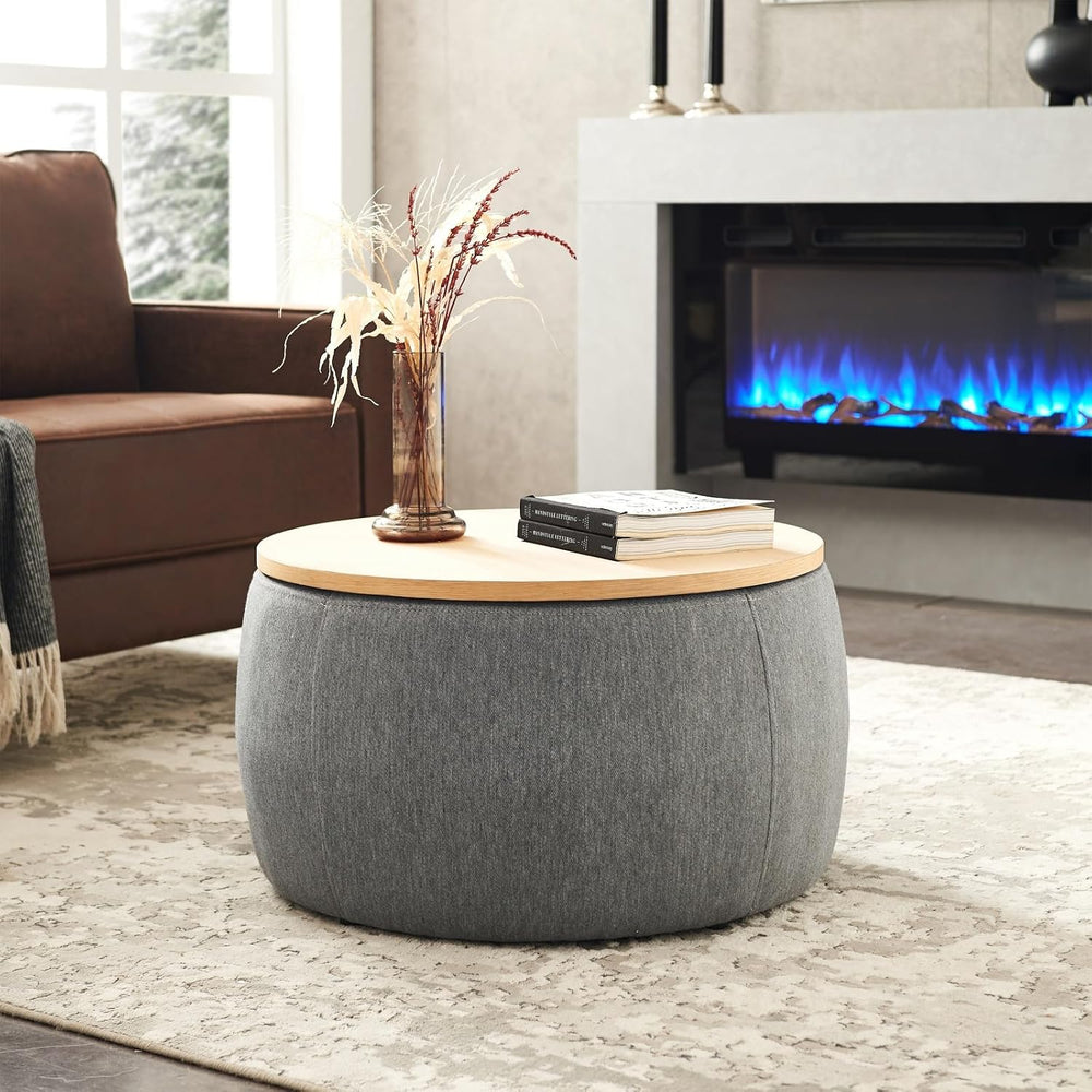 Round Storage Ottoman, 2 in 1 Function, Work as End Table and Ottoman, Dark G...
