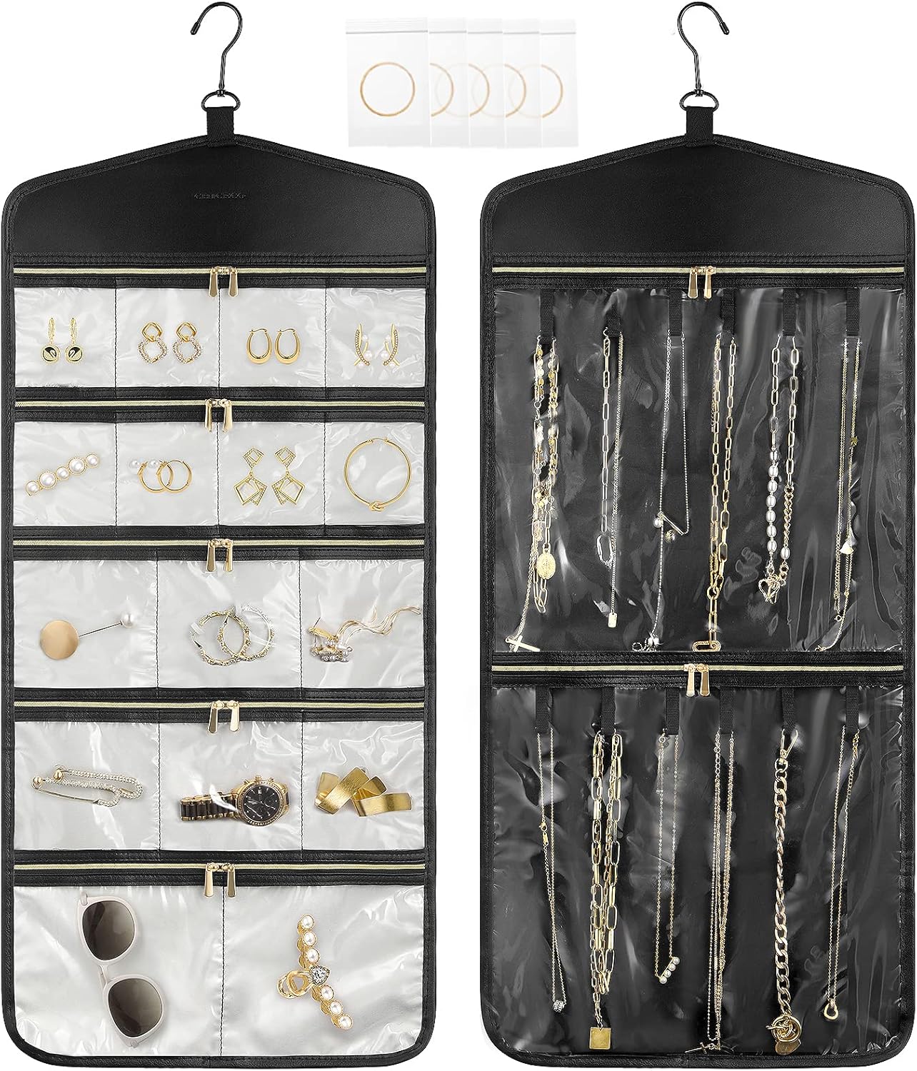 CHICECO Travel Jewelry Holder Organizer,Hanging Jewelry Organizer Storage With Zippered Pockets for Cloest,Wall,Door,Jewelry Holder for Earrings, Necklaces（Beige Black）