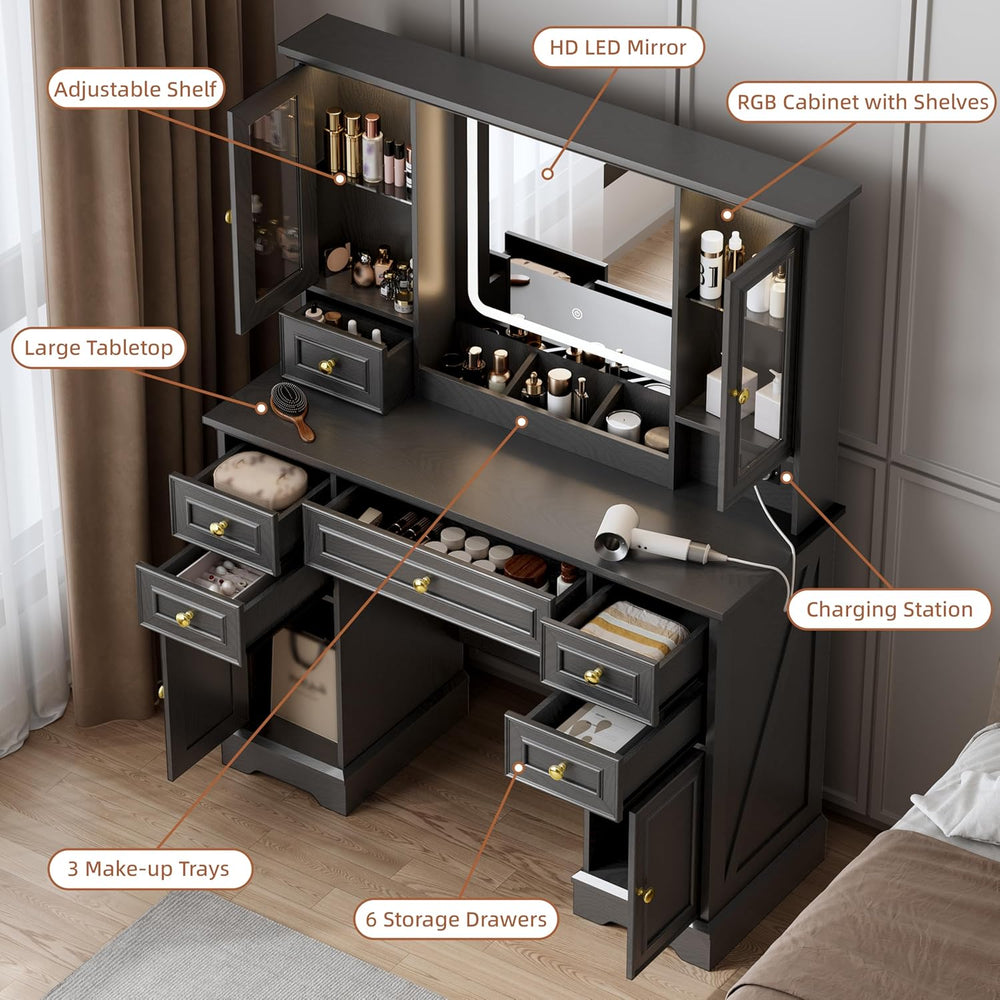 Vanity Desk with Mirror & Lights, Makeup Vanity with Power Outlet & U...