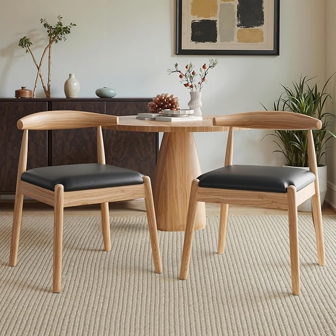 Farini Mid Century Modern Dining Chairs Set of 2, Solid Wood Frame Kitchen Chairs with PU Leather Upholstered Seat for Dining Room & Breakfast Nook,Natural-Black