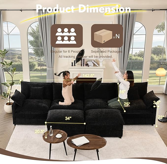 142.5" U Shaped Couch, Modular Sectional Sofa, 3-Seater Comfy Cloud Couch, Set of Modular Pieces with Movable Ottoman, Deep Seat Couches for Living Room, Chenille, Black