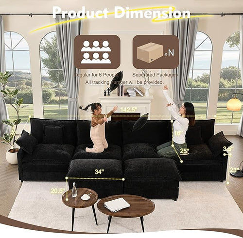 142.5" U Shaped Couch, Modular Sectional Sofa, 3-Seater Comfy Cloud Couch, Set of Modular Pieces with Movable Ottoman, Deep Seat Couches for Living Room, Chenille, Black