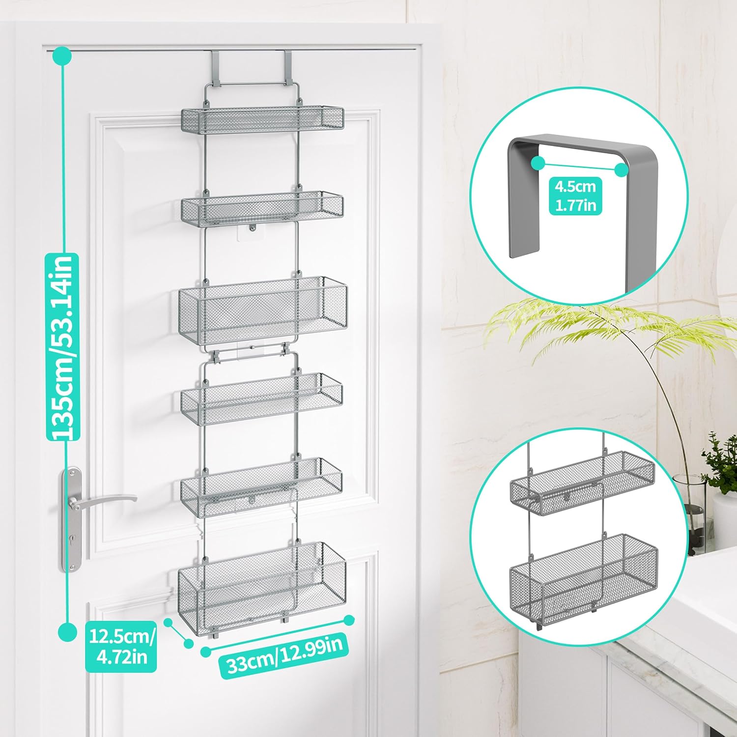 HapiRm Over Door Organizer Storage - Separable Door Organizer Hanging with 6 Metal Large Capacity Baskets for Bathroom Bedroom Kitchen Pantry Closet (Grey)